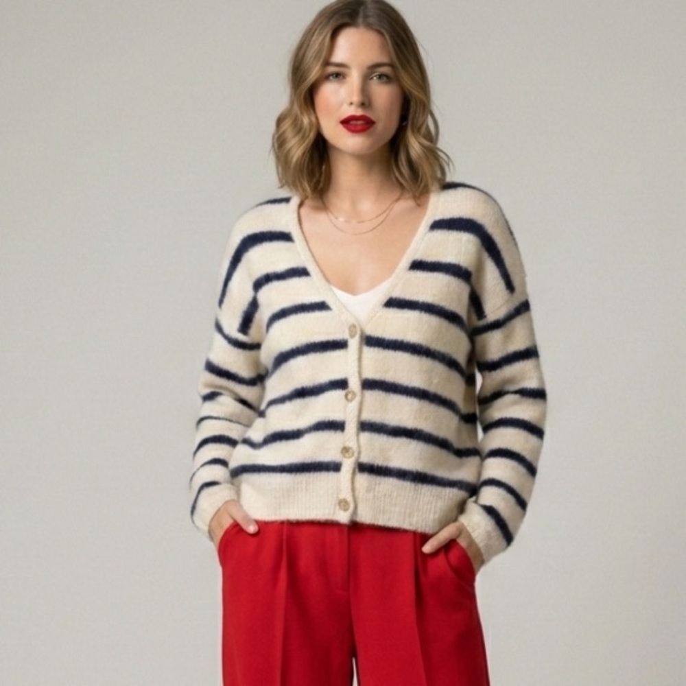 Christian Lacroix Parisian Style Striped Eyelash Knit Cardigan Cream Navy Blue